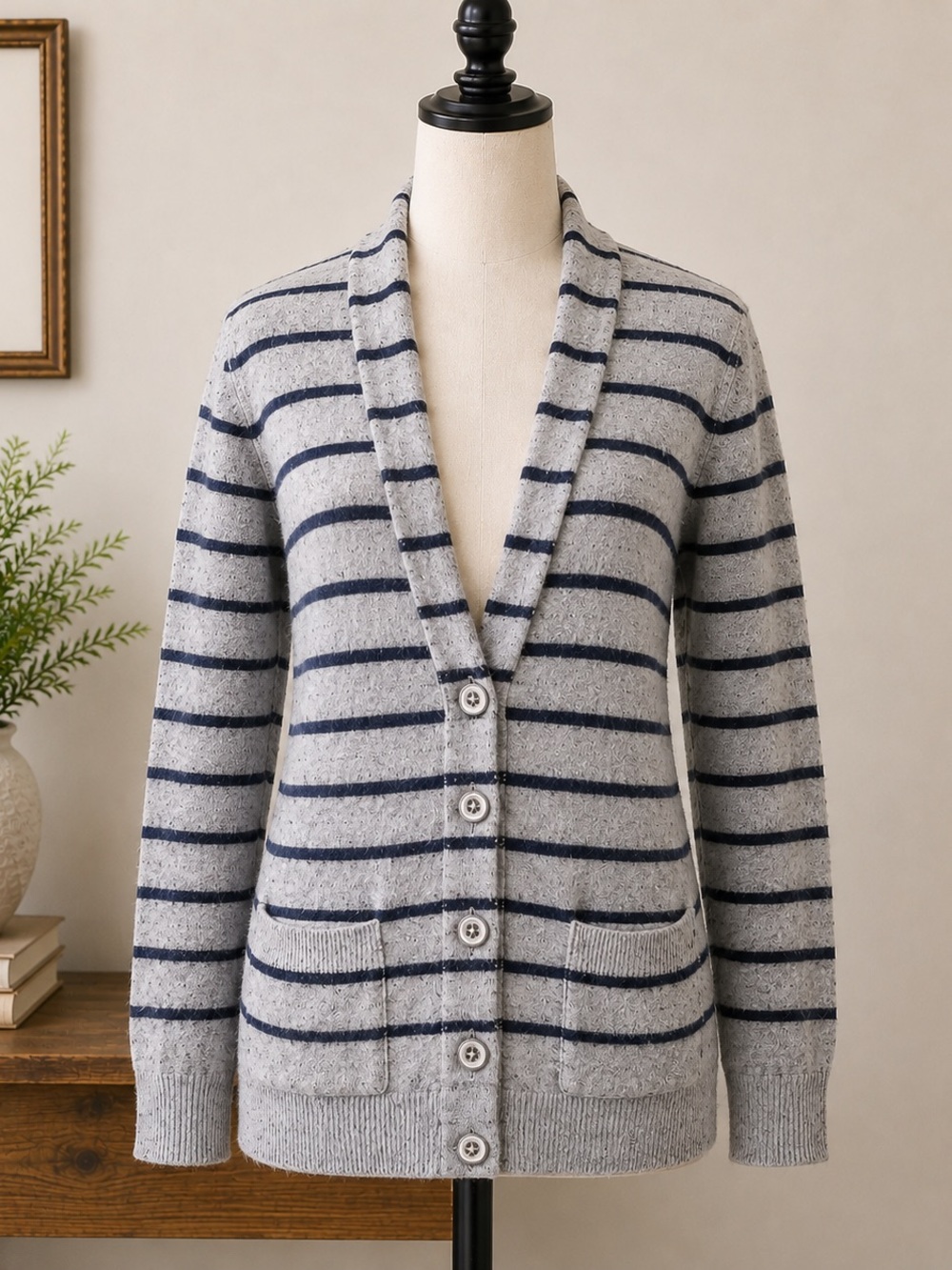 Banana Republic Wool Cardigan Blue Striped Button Up
